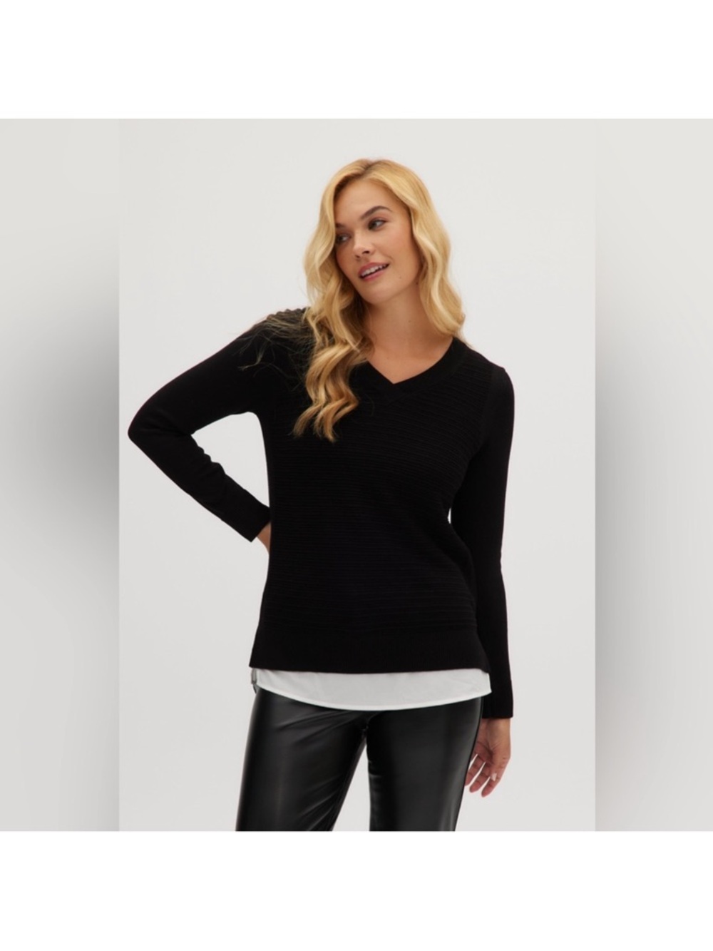 Hilary Radley Two-fer Long Sleeve Sweater V-Neck